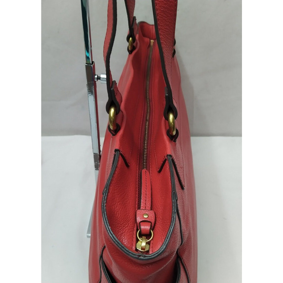 Fossil Red Leather Double Handles Zipper Closure Tote Shoulder Bag - Picture 8 of 16